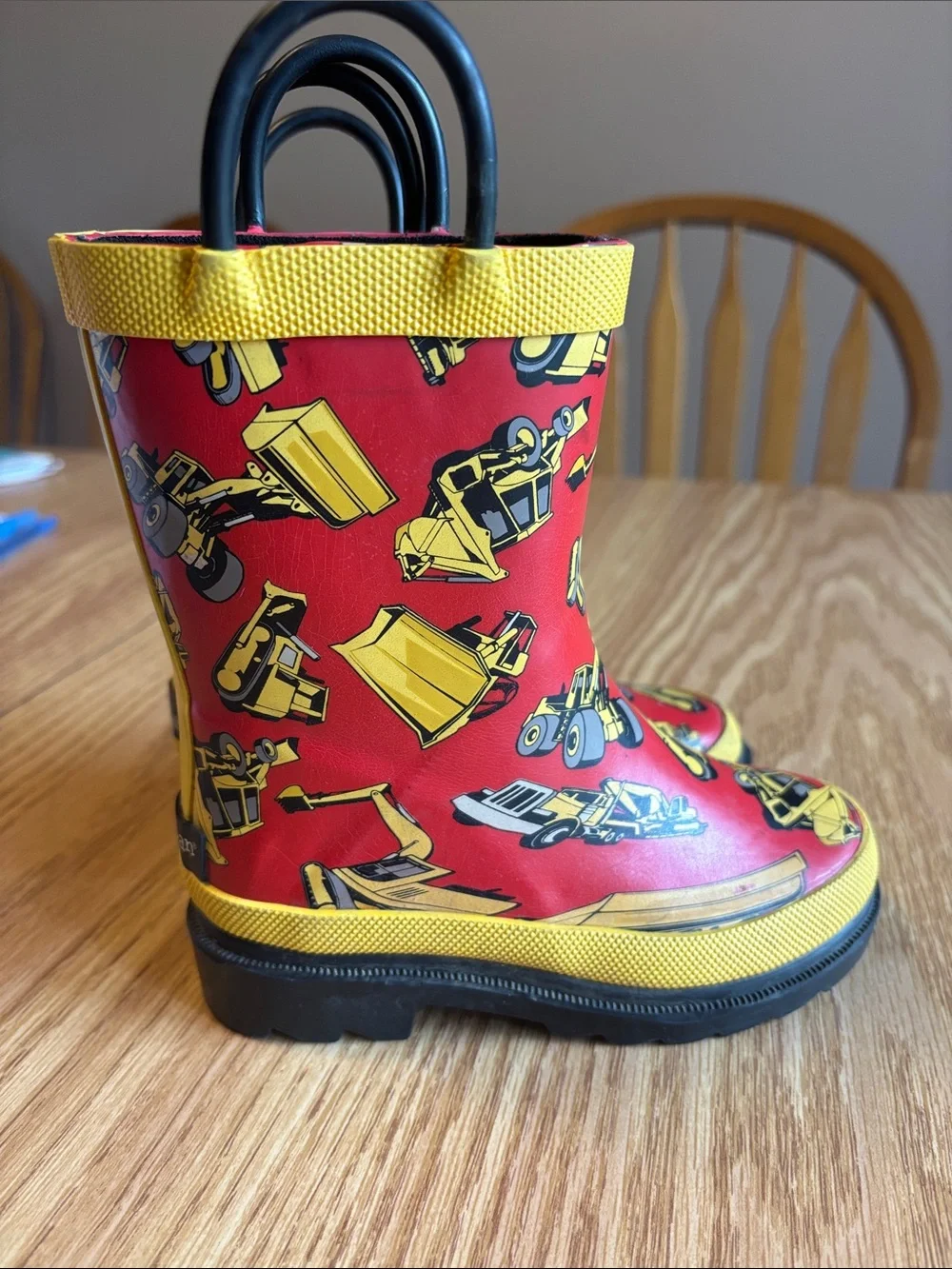 Kids Waterproof Red Construction-Print Rain Boots with Yellow Accents